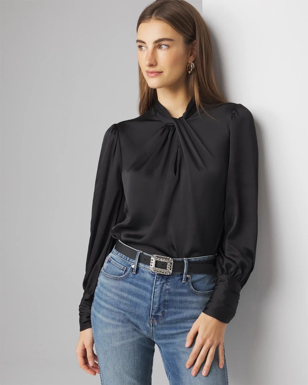 Long Sleeve Twisted Neck Satin Blouse | White House Black Market